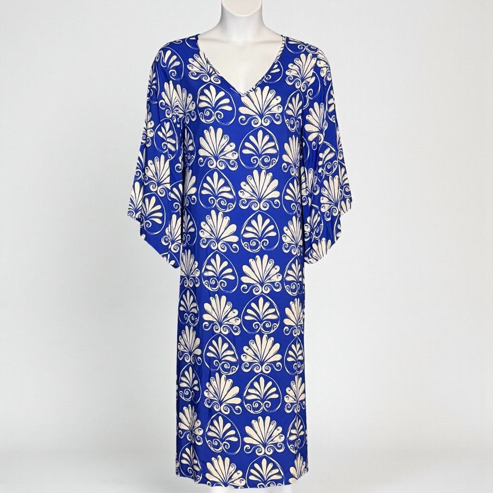 Aelia Anna Greek Print Kaftan Blue White Maxi Dress VNeck Resort Cruise One Size